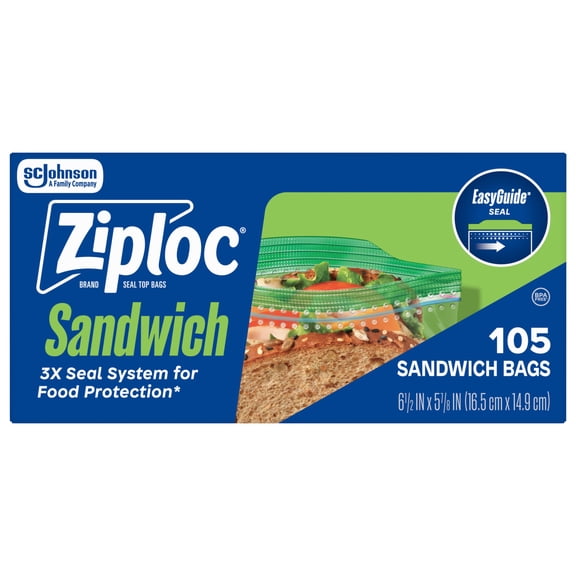 Ziploc® Brand Sandwich Bags with EasyGuide™ Texture, Grip 'n Seal Technology™, 105 Count