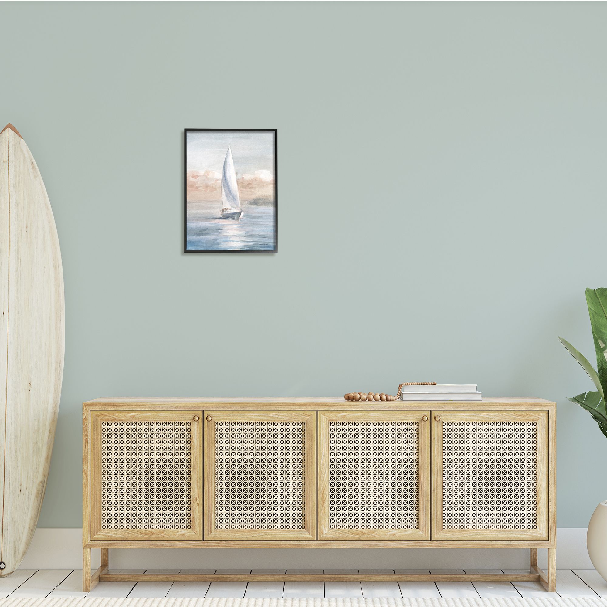 Stupell Indtries Sailboat Under Cloudy Morning Sunrise Soft Contemporary Ocean,16 x 20,Design by Danhui Nai