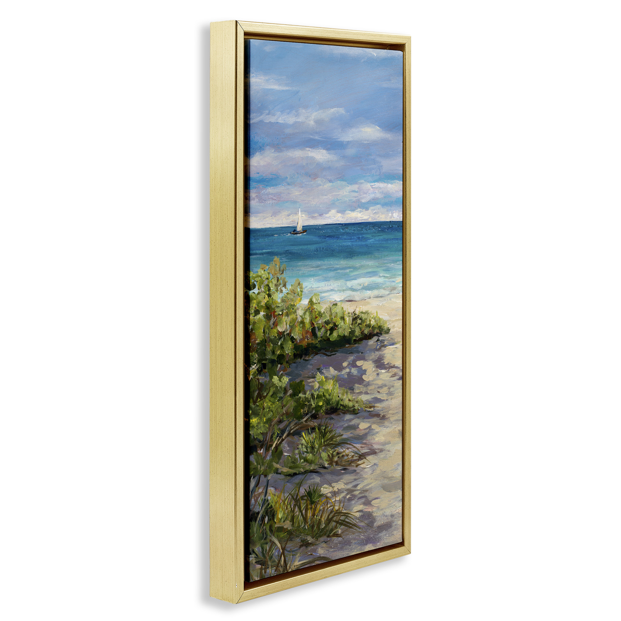 Stupell Industries Grassy Beach Shore Landscape Painting Gold Floater Framed Canvas Art Print Wall Art, 11 x 25