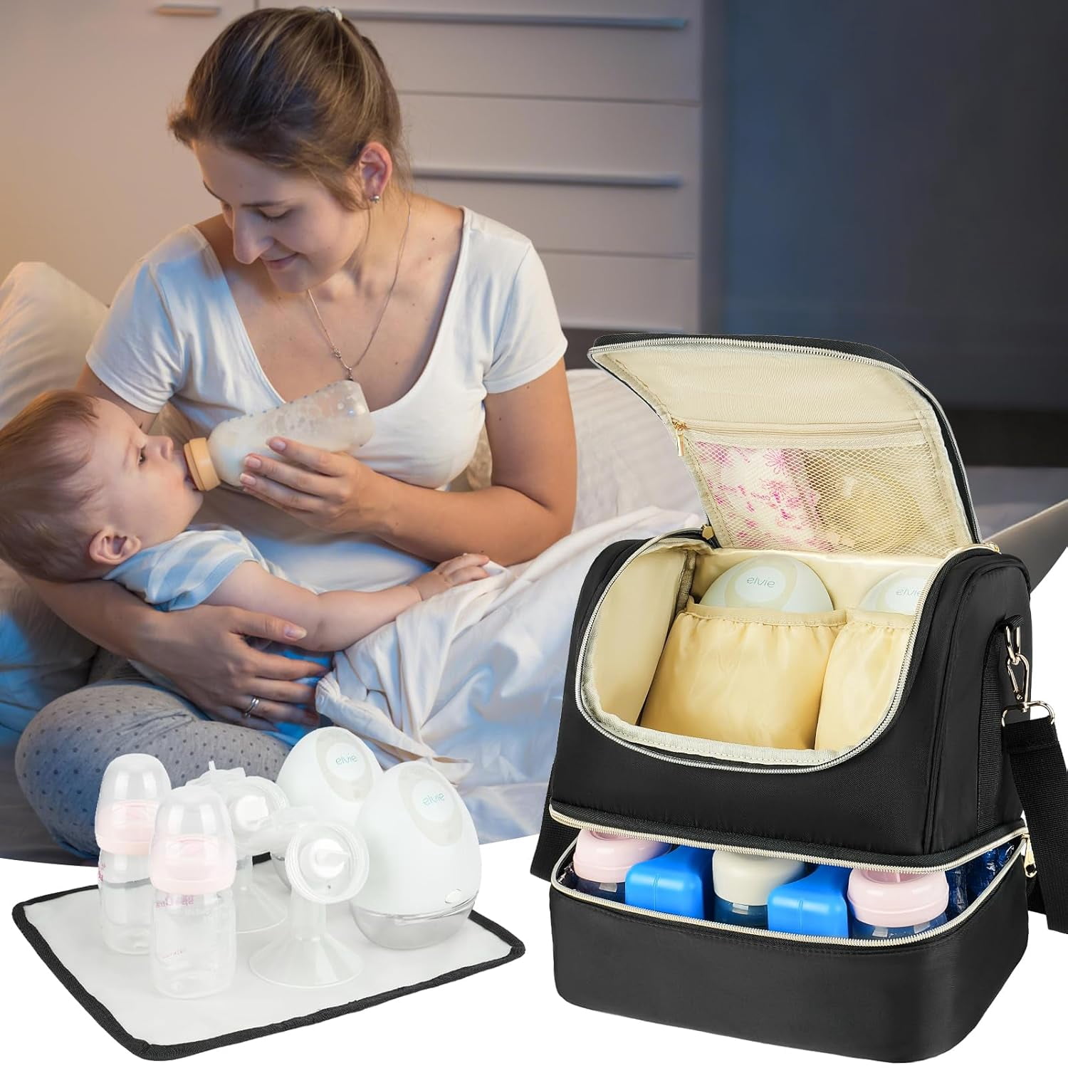 Wearable Breast Pump Bag with Cooler Compartment Fits for Willow/Eufy/Elvie/Momcozy M5/S12 Pro/Medela, Breast Milk Travel Tote Bag with Ice Pack & Waterproof Mat,Black