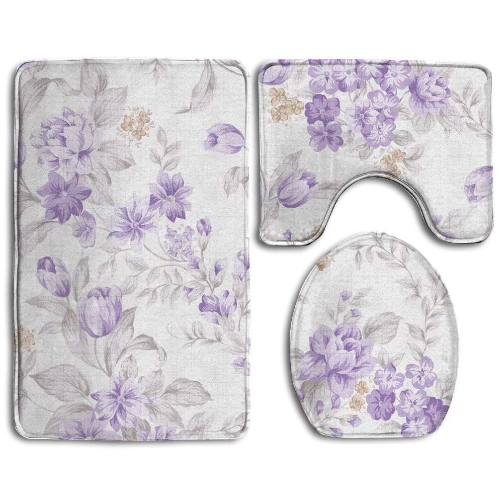 CHAPLLE Lavender Purple Floral 3 Piece Bathroom Rugs Set Bath Rug