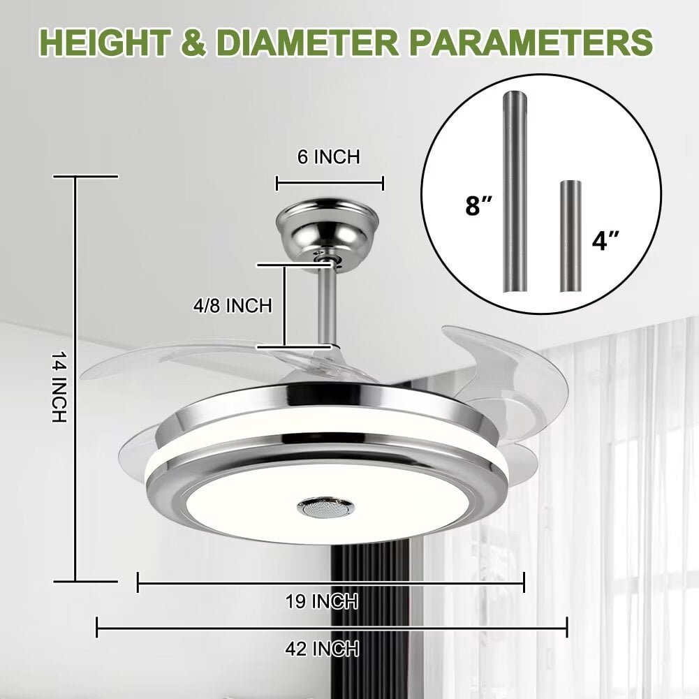AFANQI Modern Multifunctional Ceiling Fan with Light and Bluetooth Speaker, Retractable Ceiling Ceiling Light Ceiling Fan with Remote Control, Invisible Ceiling Fan for Living Room Bedroom (42 Inch)
