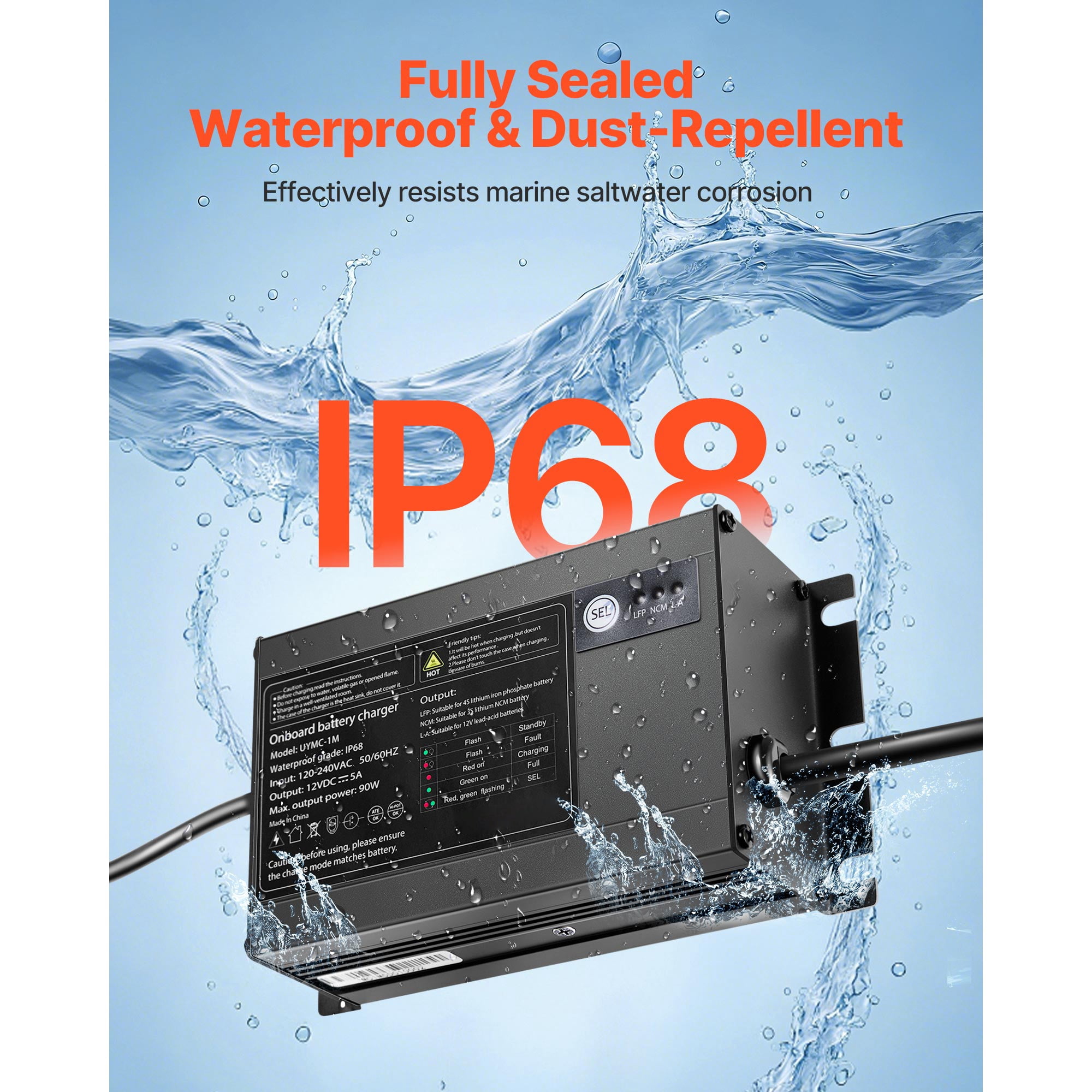 KFFKFF 1-Bank 5A 12V Onboard Marine Battery Charger, IP68 Waterproof Smart Charger for Lithium-Ion (LiFePO4), NCM, and Lead-Acid Batteries, Suitable for Boats, Yachts, RVs, and Trailers