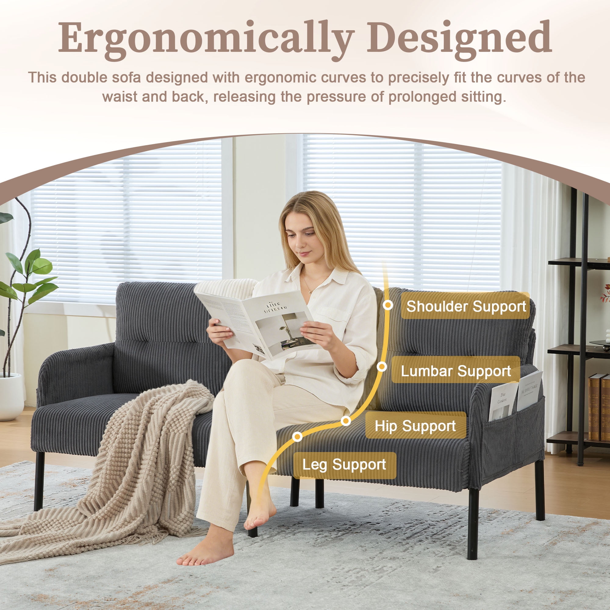 S-HOME Modern Plush Corduroy Upholstered Loveseat with Dual Side Pockets and Metal Legs, Sofa for Apartment, Carbon Gray
