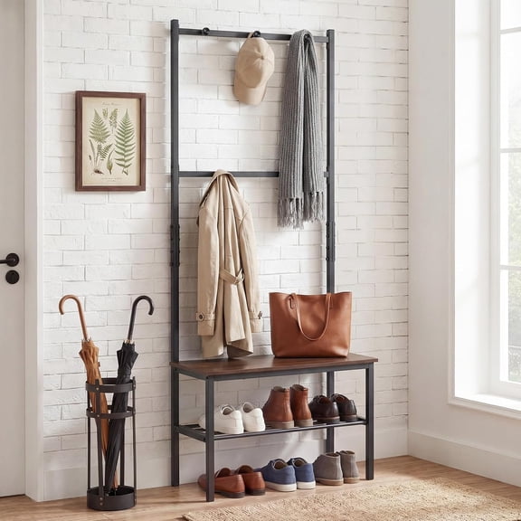 3-in-1 Hall Tree with Bench and Shoe Storage, Freestanding Coat Rack with Hooks, Heavy Duty Metal Frame, Industrial Narrow Mudroom Organizer for Entryway Living Room Bedroom