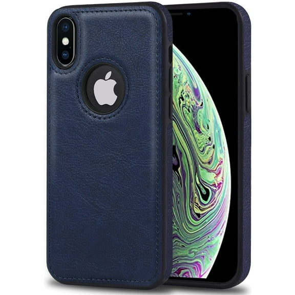 AIOVETEAB Compatible with iPhone XS Max Case Premium Leather TPU Hybrid Case Cover,Navy Blue