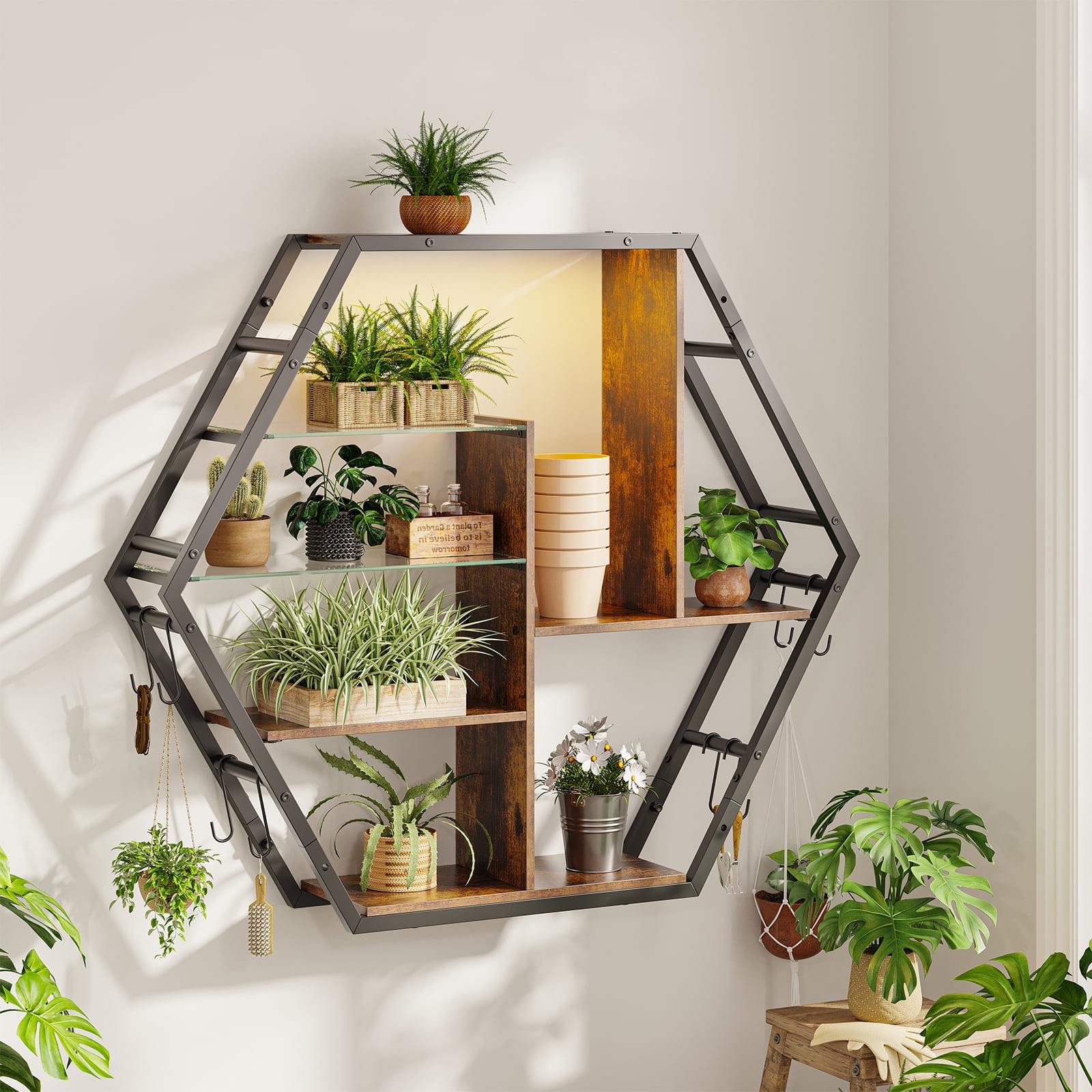 Spacesea Floating Shelves with Lights, Led Shelves for Wall, Gaming Room Decor Display Shelf, Lighted Bar Shelves, Extra Hanging Hooks Storage