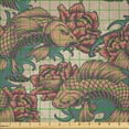 thumbnail image 2 of Ambesonne Koi Fabric by the Yard Microfiber, Peonies Carp Fish and Splashes, 3 Yards, Almond Grey Teal and Coral, 2 of 2