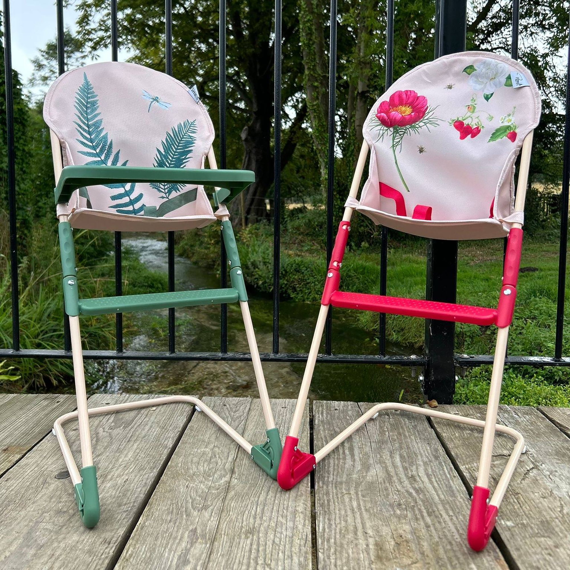 Roma Prams: RHS Doll Highchair - Fern - Cream & Green, Feeding Tray, Fabric Seat, Accessory For Dolls Up To 16.5", Easy Storage, Roleplay Toy Kids 3+