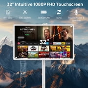 32-Inch Portable TV with Touch Screen ,8GB RAM + 128GB Storage, 1080P Full HD Portable Monitor with Built-in 8-Hour Battery, Android 15 OS, Rolling TV on Wheels, Remote Control