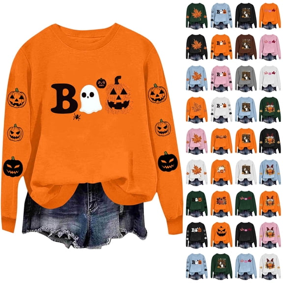JTZGDY Thanksgiving Day Sweatshirts for Women Fashion Halloween Pumpkin Printed Long Sleeve Crewneck Graphic Holiday Tees Shirt Loose Fit Casual Pullover Tops