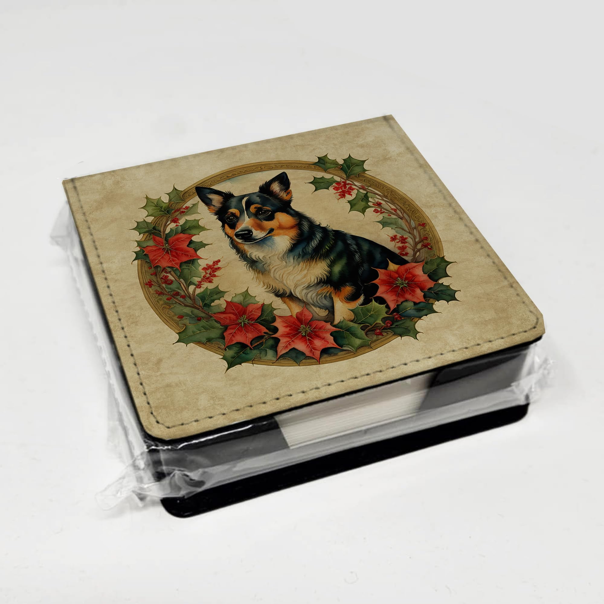 Caroline's Treasures Lancashire Heeler Christmas Flowers PU Leather Note Paper Holder with Artist-Designed Cover, Desk Accessory, Office Gift