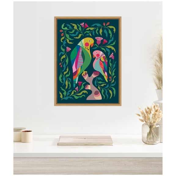Kate and Laurel Framed Canvas Wall Art Print Budgies by Rachel Lee, 18 x 24 Sylvie Natural Frame, Whimsical, Abstract Art for Wall Decor