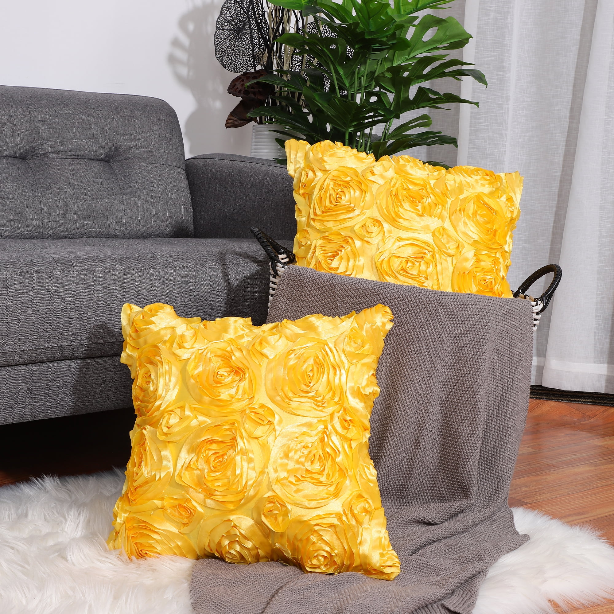 Piccocasa 3D Rose Flower Faux Silk Satin Throw Pillow Cover 2pcs for Couch Sofa 16x16. Gold Tone