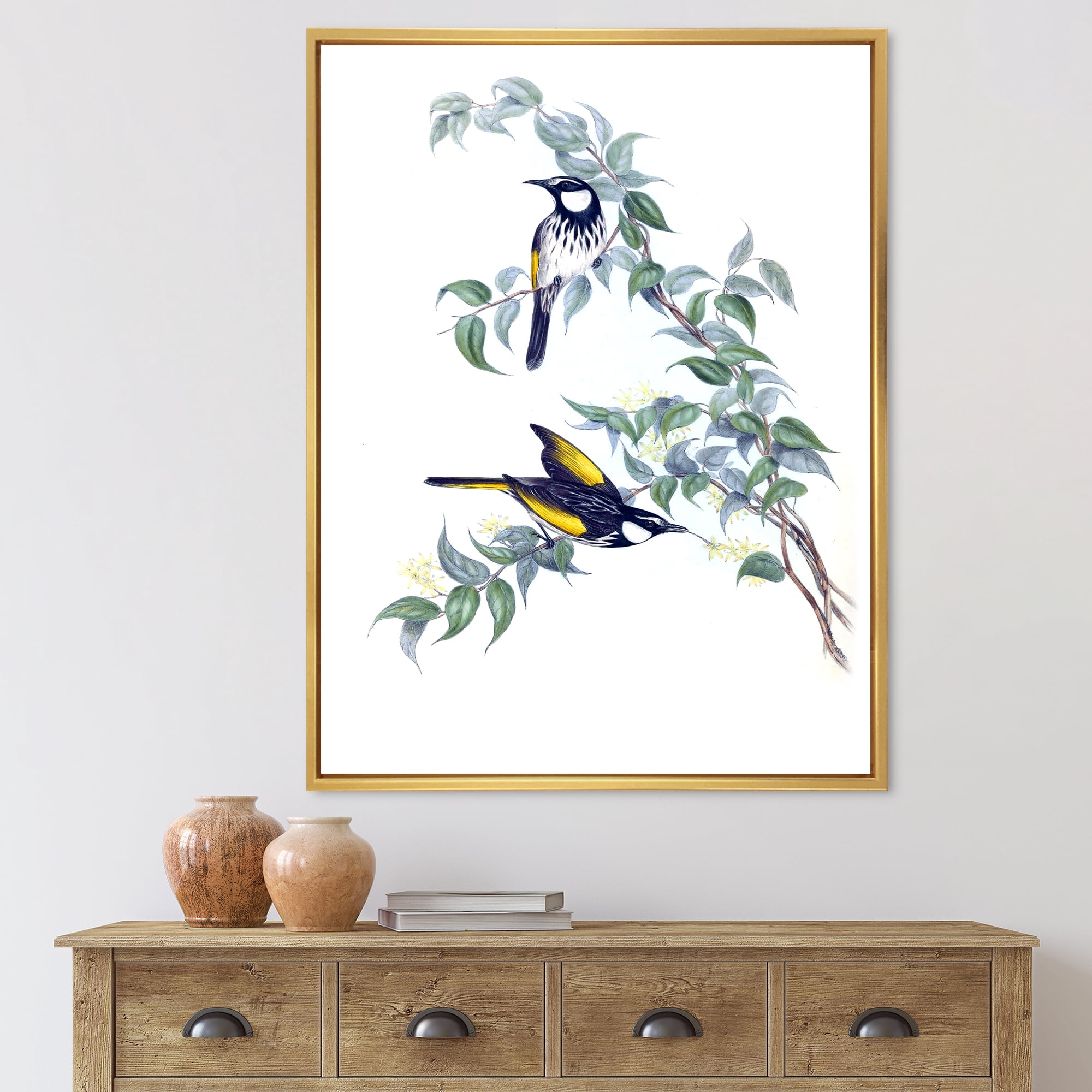 Designart 'Ancient Australian Birds On A Branch' Traditional Framed Canvas Wall Art Print