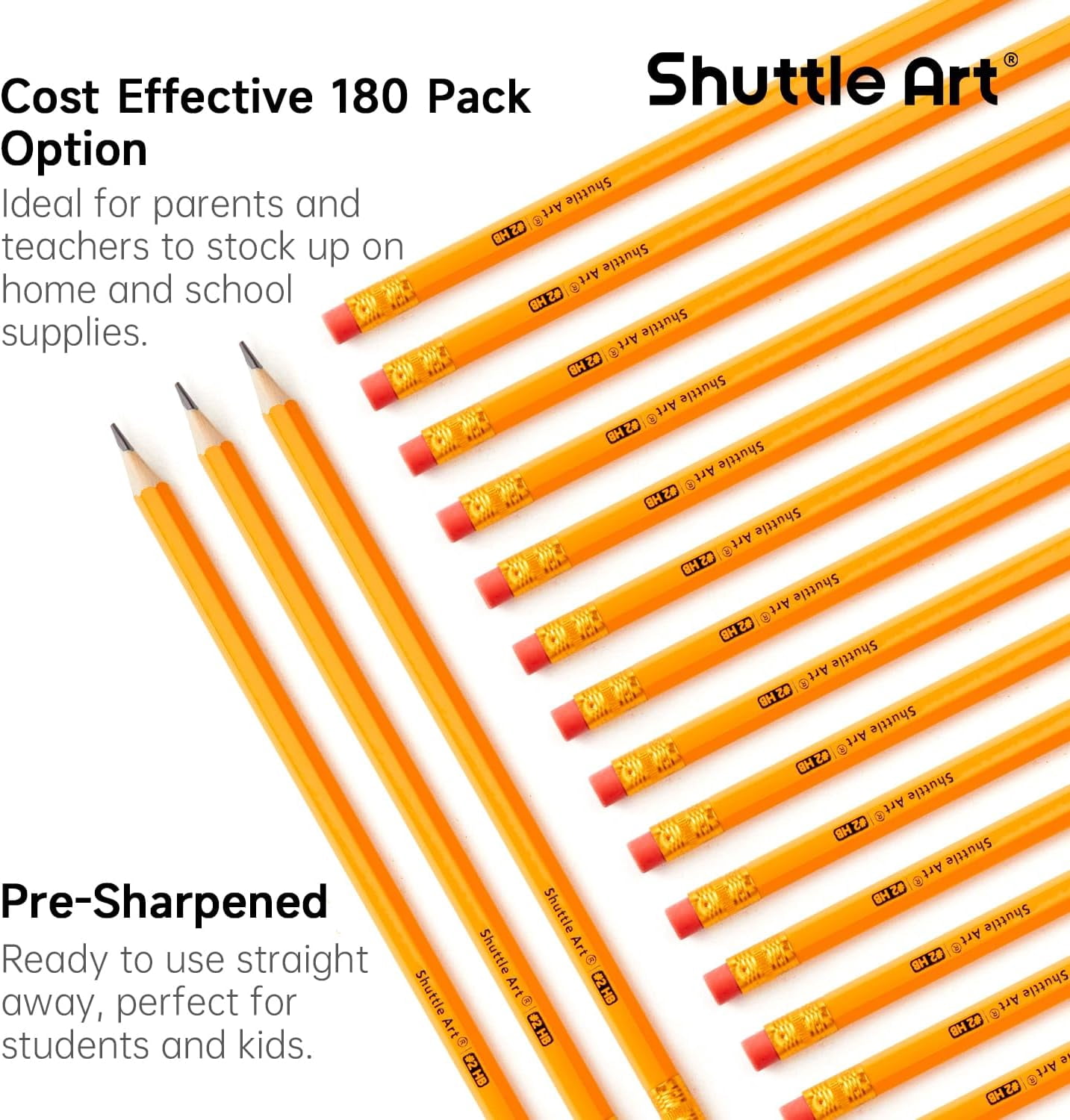 Shuttle Art Wood-Cased #2 HB Pencils, 180 Pack Sharpened Yellow Pencils with Erasers, Bulk Pack Graphite Pencils for Writing, Drawing and Sketching