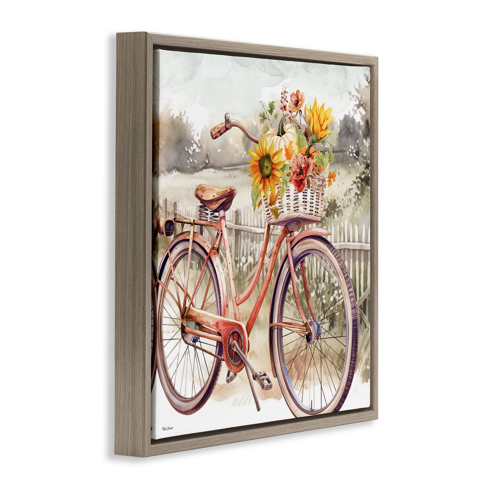 Stupell Industries Autumn Floral Bicycle Botanical & Floral Painting Brown Floater Framed Canvas Art Prints Wall Art, 18 x 18