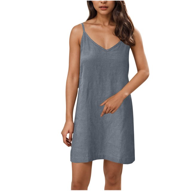 Dvprdro Robe Mini en Coton d'Été à Bretelles Spaghetti pour Femmes 2025 Décontractée Classique Solide Confortable Légère Col en V Robe de Plage Soleil