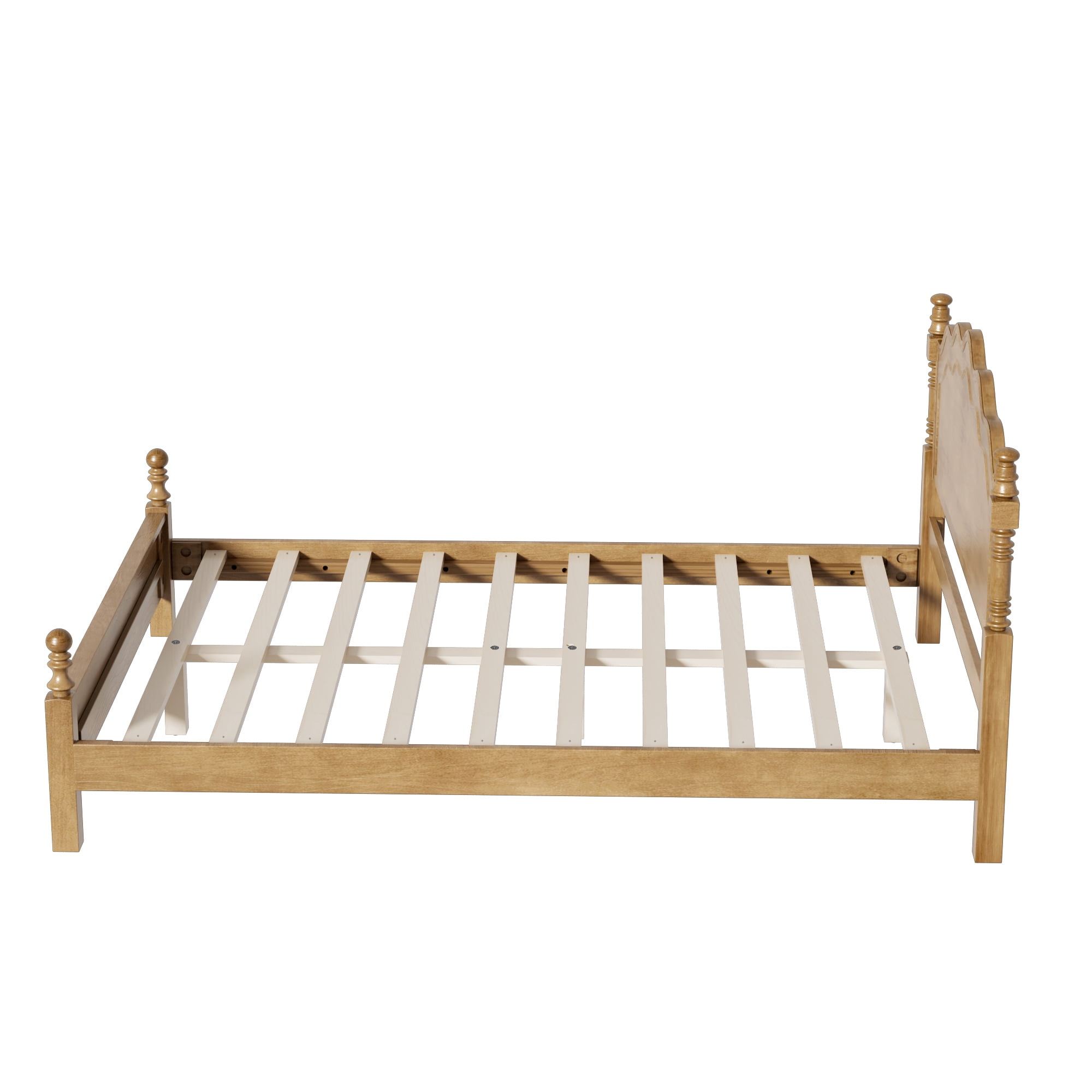 Euroco Wood Queen Size Platform Bed, Classic American Vintage Style Wood Bed with Curved Headboard, No Box Spring Needed, Dark Oak