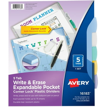 UPC: 0072782161835 | Avery Write & Erase Plastic Dividers with Corner Lock & Expandable Pockets  5-Tab Set  Multicolor (16183)