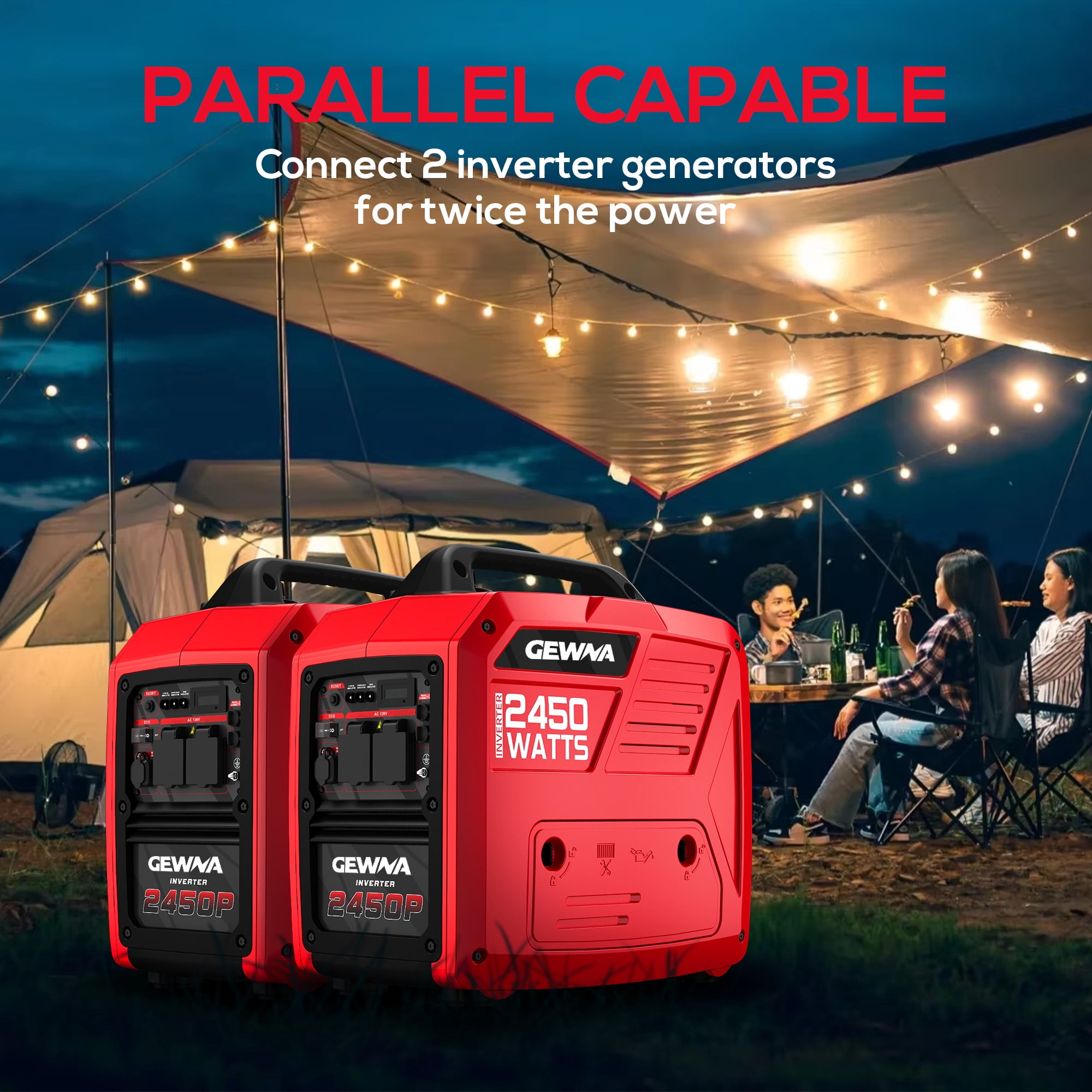 Gewna 2450W Portable Inverter Generator - Gas Powered,Ultra Quiet for RV, Camping, Home Backup,1.6 Gallon Large Fuel Tank Red