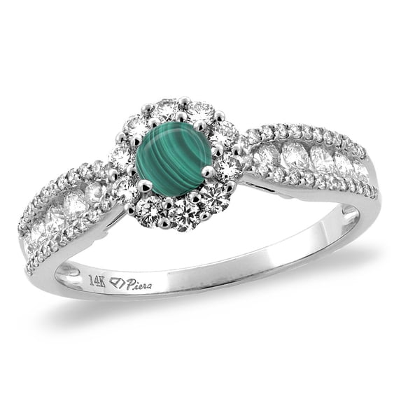 14K White Gold Natural Malachite Halo Engagement Ring Round 4 mm, size 8