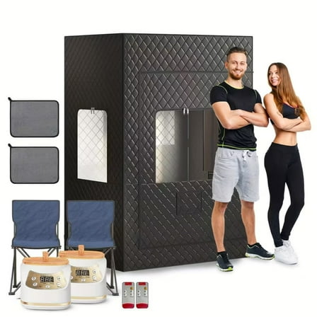 Portable Double Steam Sauna Tent Full Body Foldable Electric Black with 2 Steamers and 2 Folding Chairs