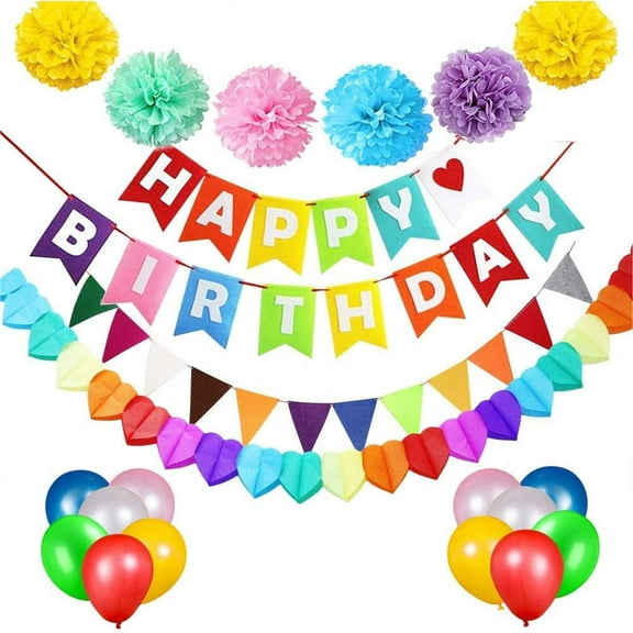 WSNIJFU Colorful Happy Birthday Decorations,Happy Birthday Banner Bunting Garland with 6pcs Pom Poms, 15pcs Party Balloons and 1pcs Rainbow Color Felt Flags Party