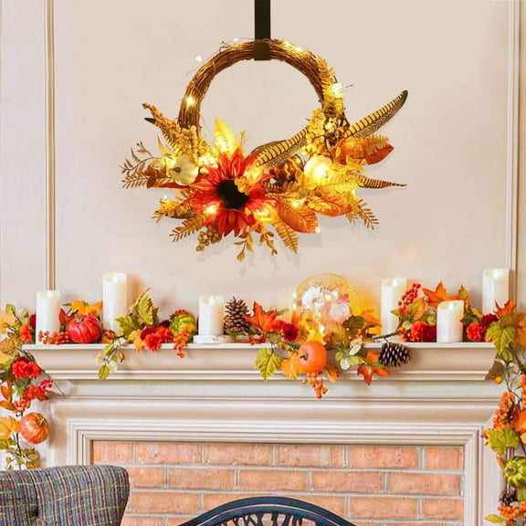 Fmbmuo 17.7" Thanksgiving Fall Garland Decorations - Wicker Vines with Sunflowers & Pumpkins for Autumn Home/Room Decor ( Lights Included)