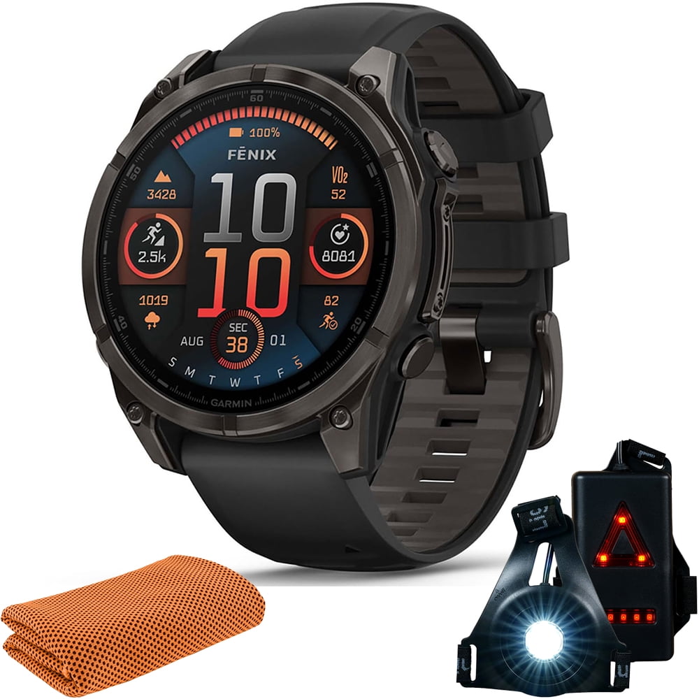 Garmin 010-02904-20 Fenix 8 47 mm AMOLED Sapphire Carbon Gray Titanium with Black Silicone Band Bundle with Workout Cooling Sport Towel and Wearable Commuter Front and Rear Safety Light