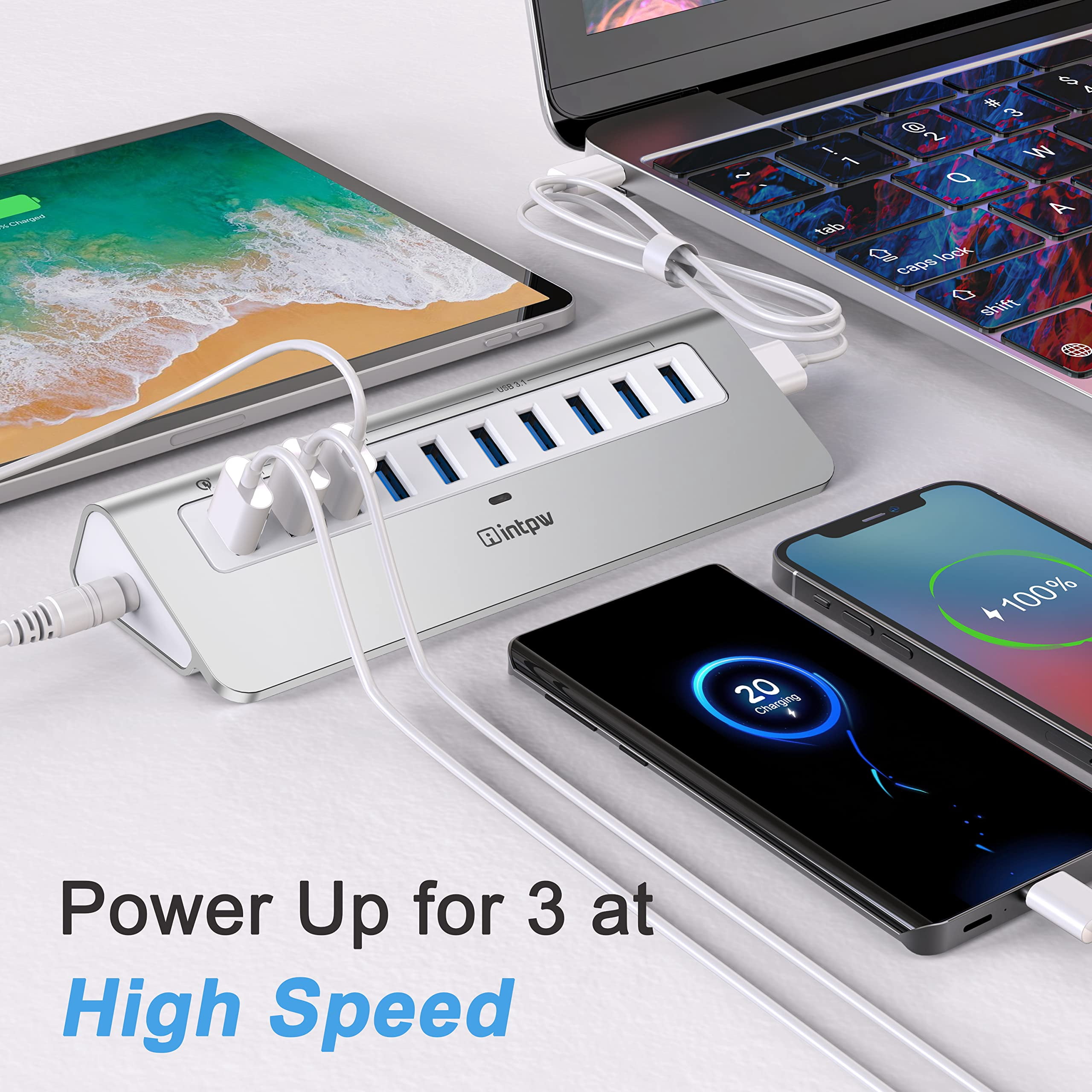 INTPW Powered USB C Hub for Laptop, 10-Port USB Hub with 10Gbps Data Transfer, 7 USB-A and 3 USB-C Ports, Ergonomic 32° Design