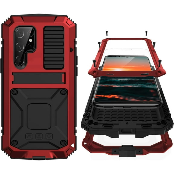 Samsung S22 Ultra Metal Case with Screen Protector Camera Protector Military Rugged Heavy Duty Shockproof Case with Stand Full Cover Tough case for Samsung S22 Ultra (S22 Ultra, Red)