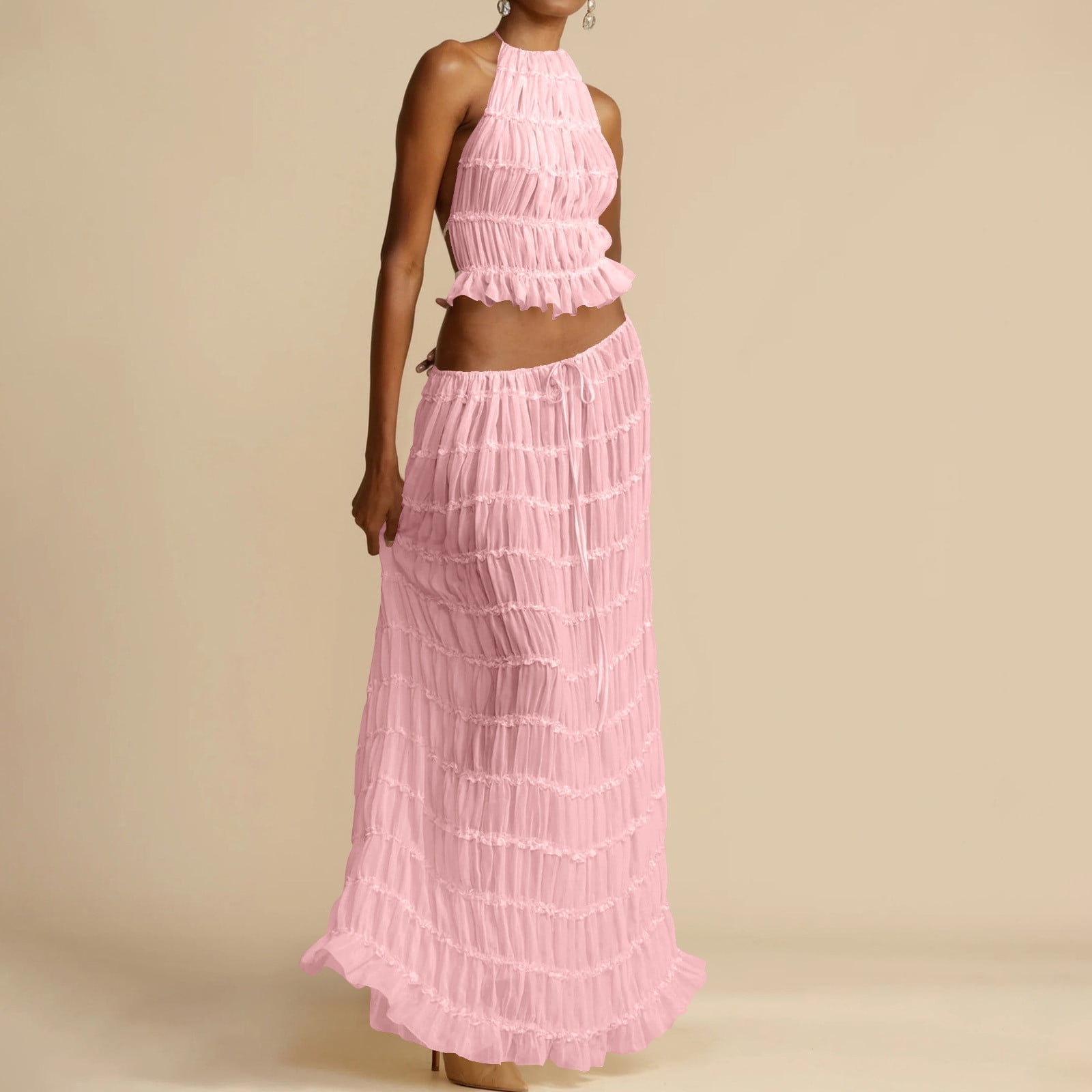 Womens Y2k Skirt Set Backless Lace Halter Crop Top and Long Skirt Sets Beach Cocktail Club Dress Fashion Outfit