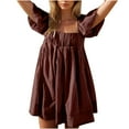 thumbnail image 2 of Ovzne Robes d'Été pour Femmes Robe Femme Couleur Unie devant Plissé Dos Lacé Robe à Manches Bouffantes Fleur Mini Jupe Robe de Vacances Liquidation, 2 of 7