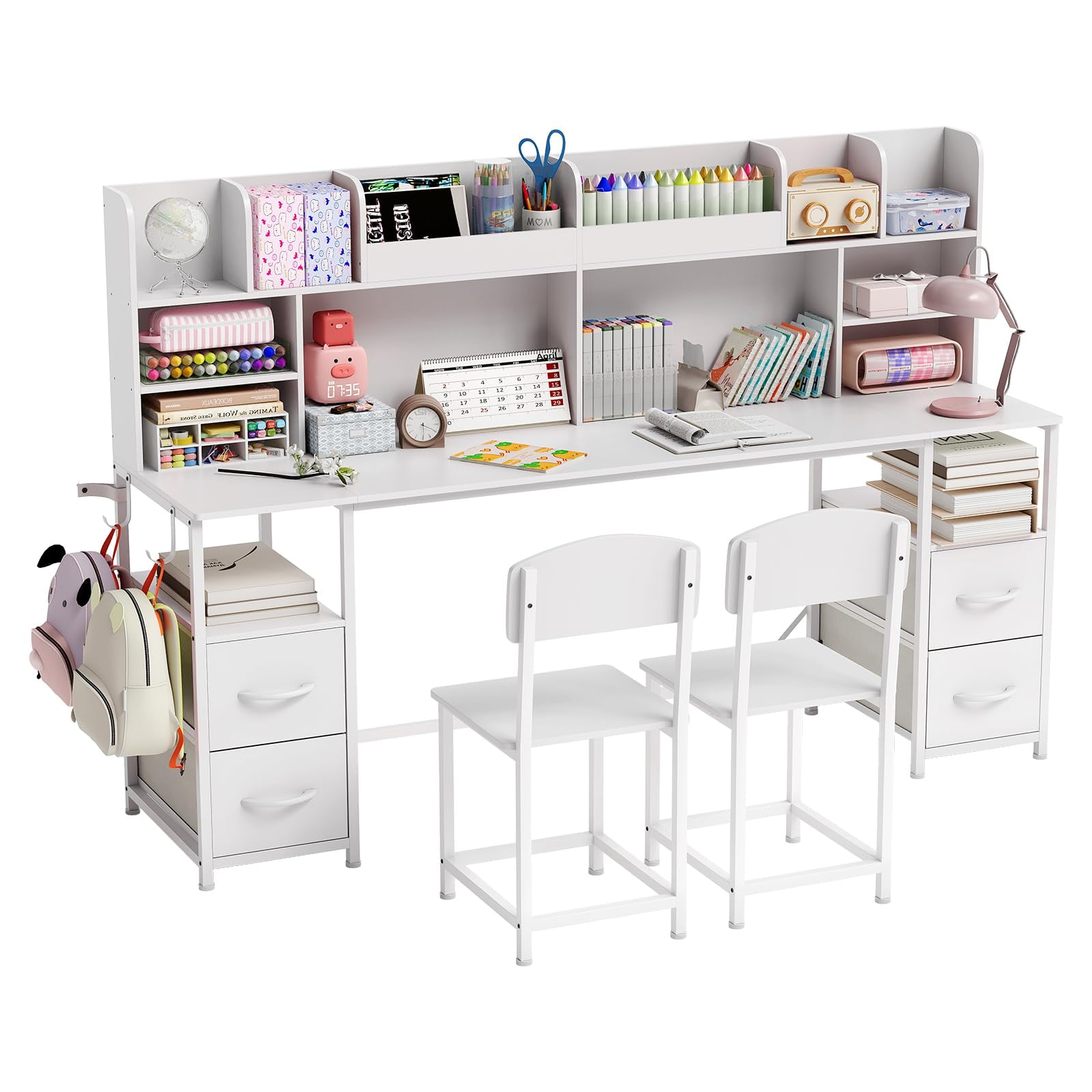 Double Kids Study Desk and 2 Chairs Set, 47.2" Kids Desk with Large Hutch & 4 Fabric Storage Drawers, Metal Frame Children Writing Workstation for 5-12 Boys Girls Home, School, Bedroom