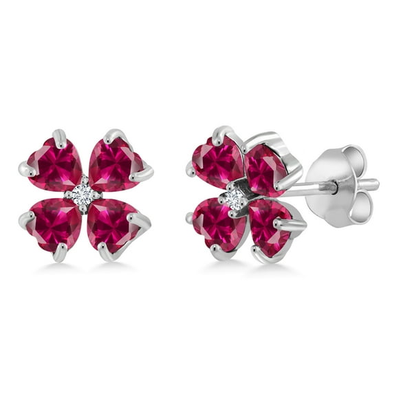 Gem Stone King 925 Sterling Silver Red Created Ruby and White Lab Grown Diamond Earrings for Women | 2.43 Cttw | Gemstone July Birthstone | Heart Shape 4MM