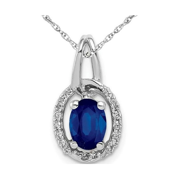 4/5 Carat (Ctw) Dark Blue Sapphire Drop Pendant Necklace with Diamonds 1/10 Carat (Ctw) in 14K White Gold for Women