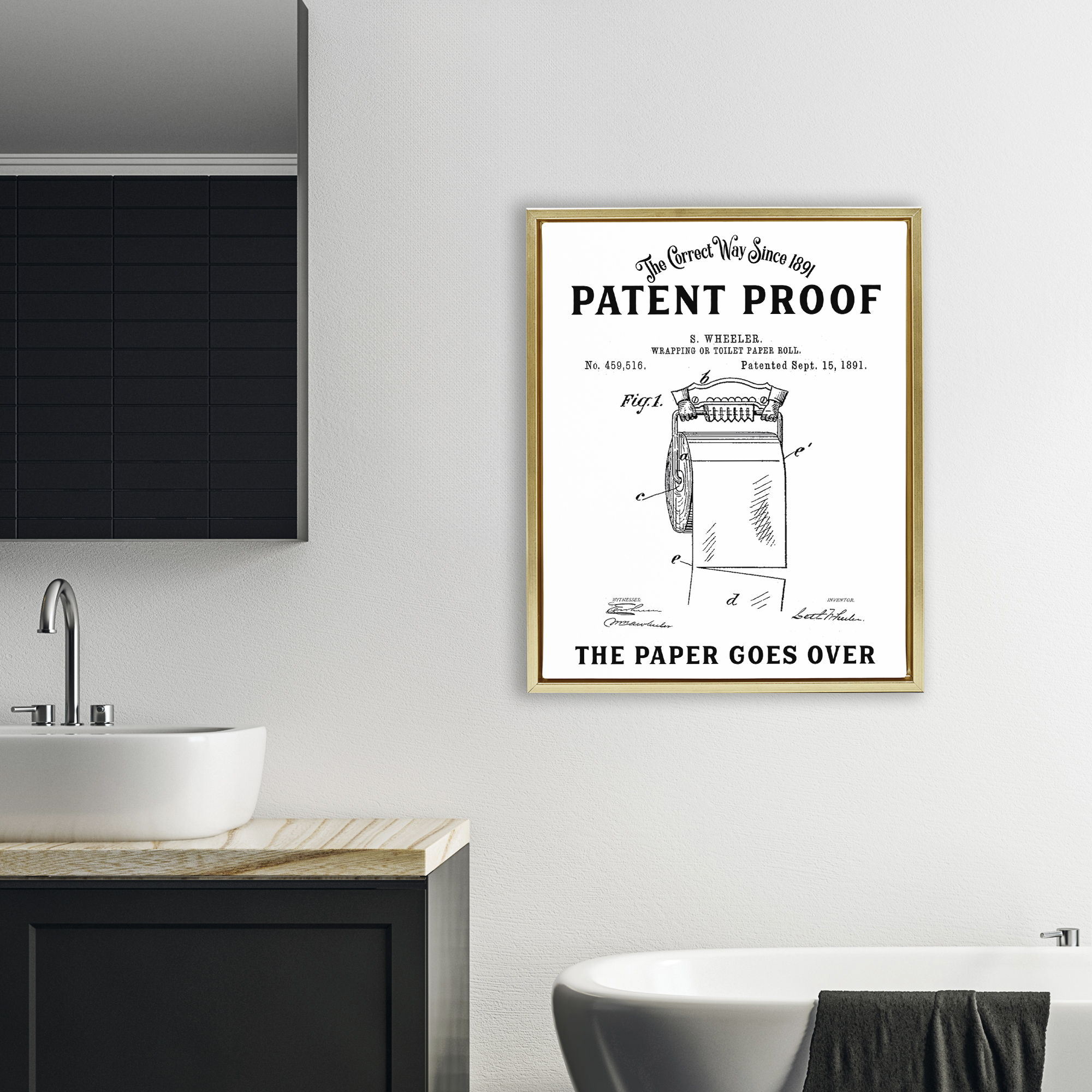 Toilet Paper Goes Over Gold Framed Floater Canvas Wall Art, design by Lettered and Lined