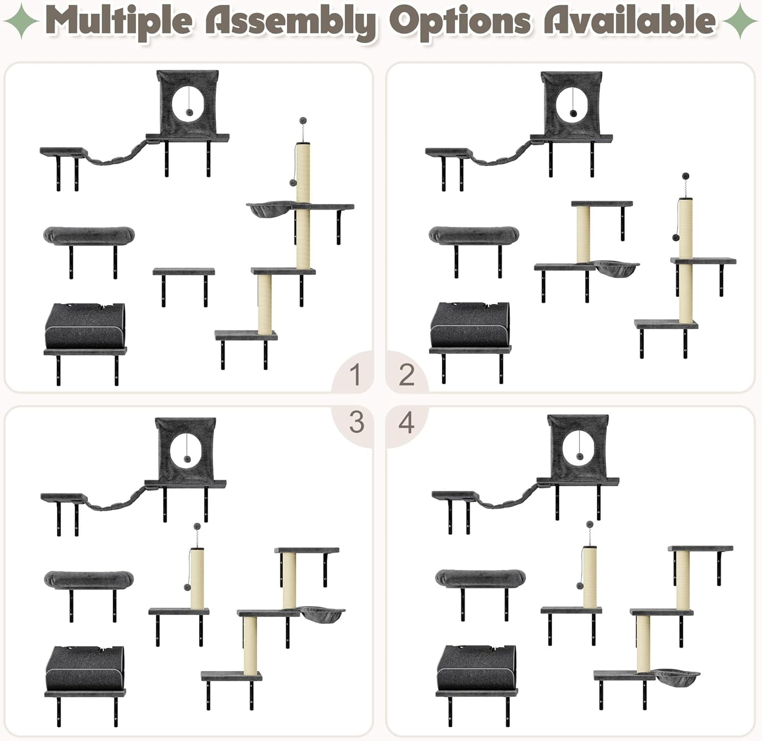 SONGMY 7-in-1 Wall Mounted Cat Climber Set, Cat Furniture Set with House, Bridge, Tree, Steps, Scratcher, DIY Playground, Shelves for Indoor Wall Furniture Set - Dark Gray