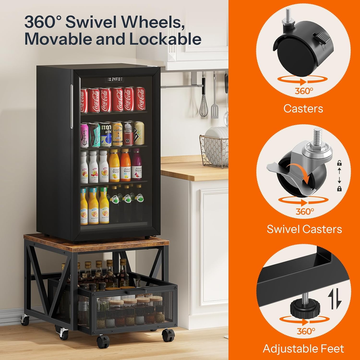 Mini Fridge Stand with Movable Storage Basket and Wheels, Sturdy Metal Frame for Home Office Dorm Rustic Brown Black