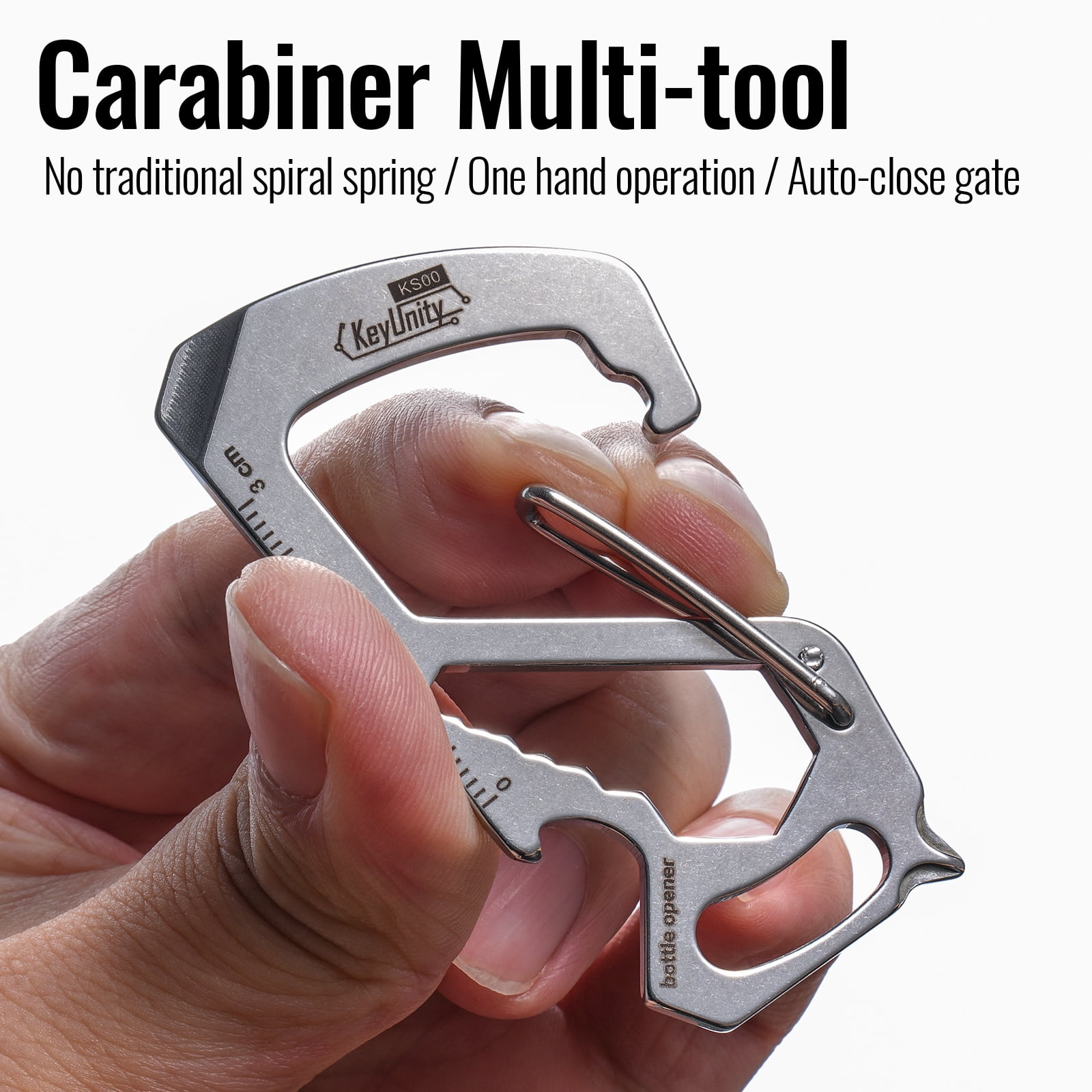 Key Unity 7-in-1 Stainless Steel Carabiner Clip, KS00 EDC Multitool with Ruler, Bottle Opener, Wrench, Key Clip, Pry Bar, Phillips Screwdriver and Slotted Screwdriver, Sliver