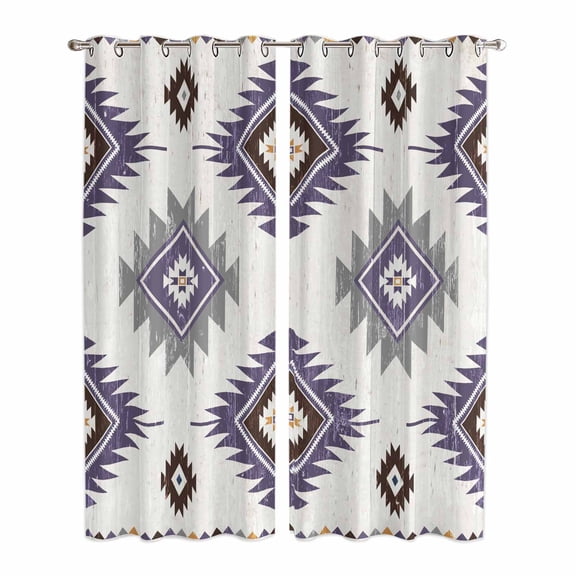 Kitchen Curtains 84 Inch Length 2 Panels, Purple Aztec Grommets Window Treatment Curtain, Southwest Boho Abstract Gray Geometric Thermal Curtains Drapes for Living Room/Bathroom