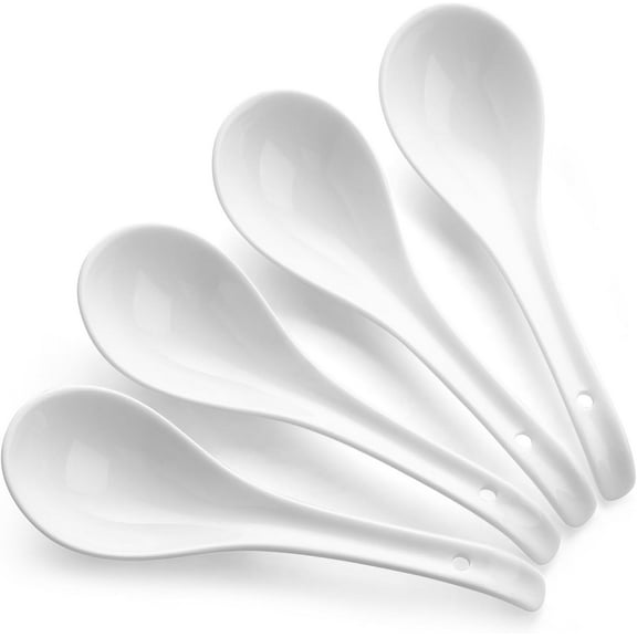 Soup Spoons, Ceramic Asian Soup Spoons, White Japanese Spoon Large for Ramen Pho Wonton Dumpling Miso, Deep Oval Hook Design, Set of 4 (4, White)