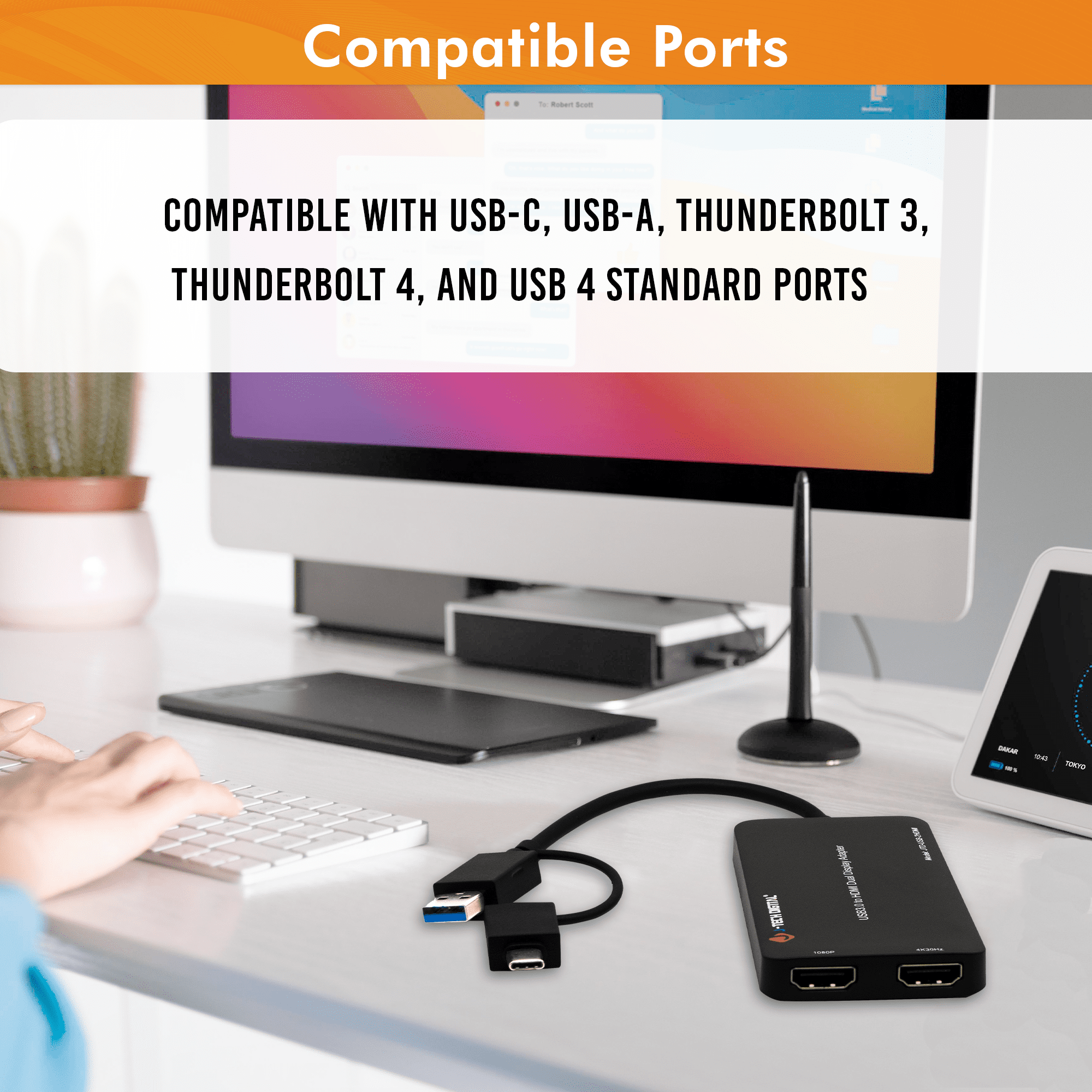 USB 3.0 (Type A/C) to Dual HDMI 4K 30Hz & 108P 60Hz Display Adapter | Features USB-A or USB-C Inputs, USB Powered, Mirror, Extend, Rotation, Clamshell Modes by J-Tech Digital [JTD-USB-2HDMI]