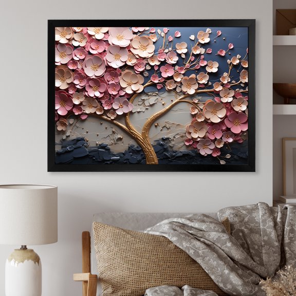 Designart "Garden of Gold Pink and Gold Flowers" Floral Framed Wall Art Decor - Traditional Pink Flowers Entryway Framed Wall Art Print