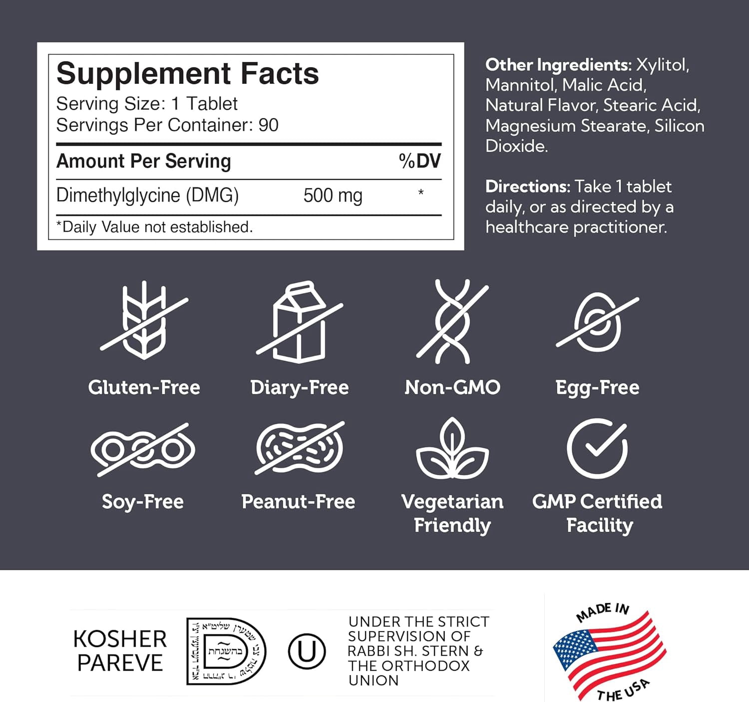 Zahler DMG 500mg - DMG Dimethylglycine Supplement for Endurance & Immune System Support - DMG Supplements with Amino Acid Glycine - Nootropic Brain Supplement - Kosher 1 a Day Tablets 90 Count