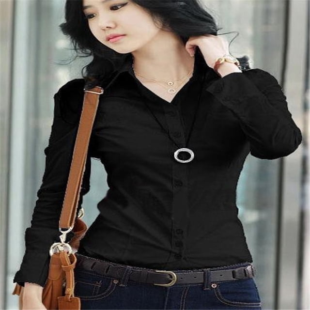 Camisa de las mujeres de la moda Formal delgada recta de manga larga camisa Casual Polo blusa más el tamañopangjing