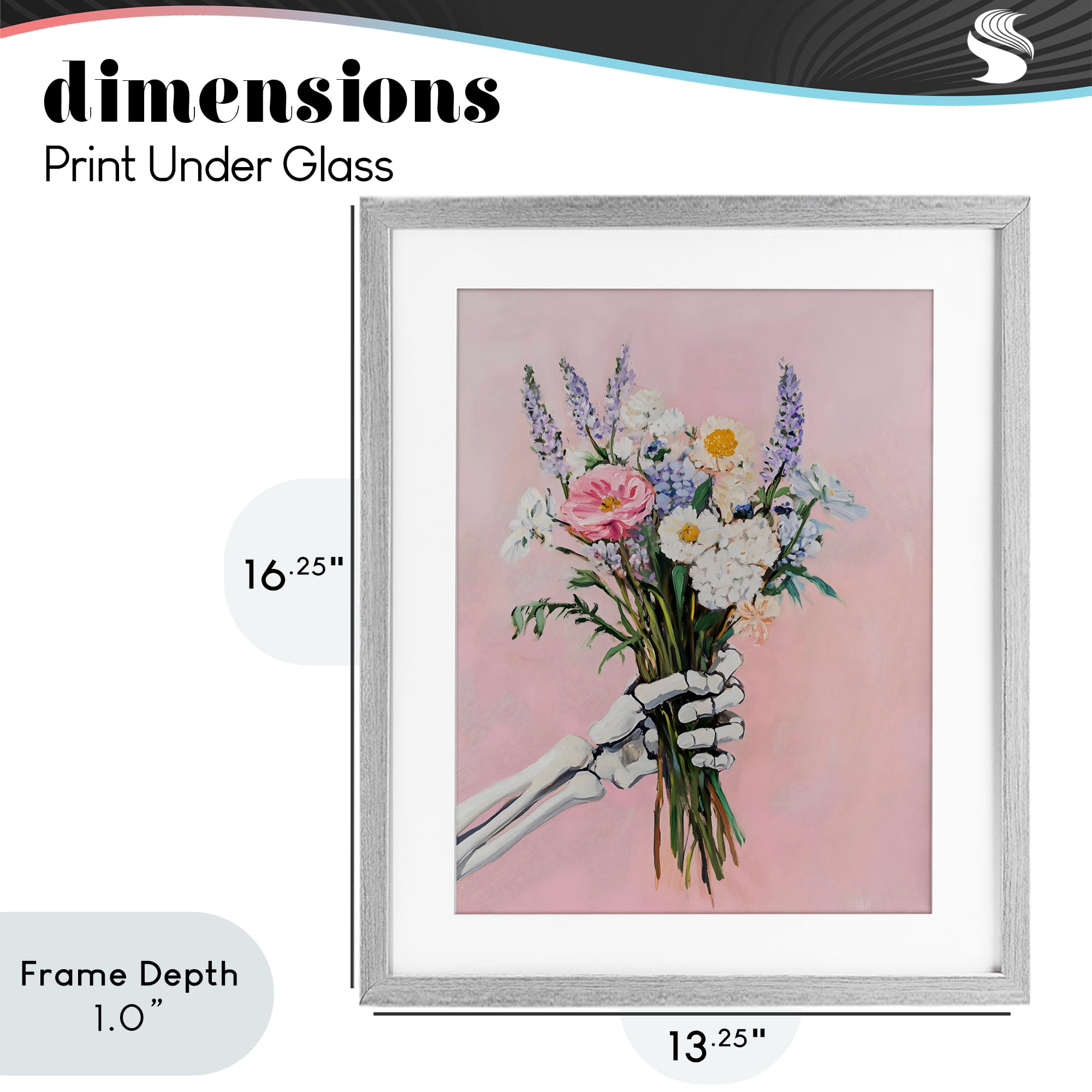 Stupell Industries Skeleton Hand Holding Flowers Gray Framed Print Under Glass, design by The Prints Vibe