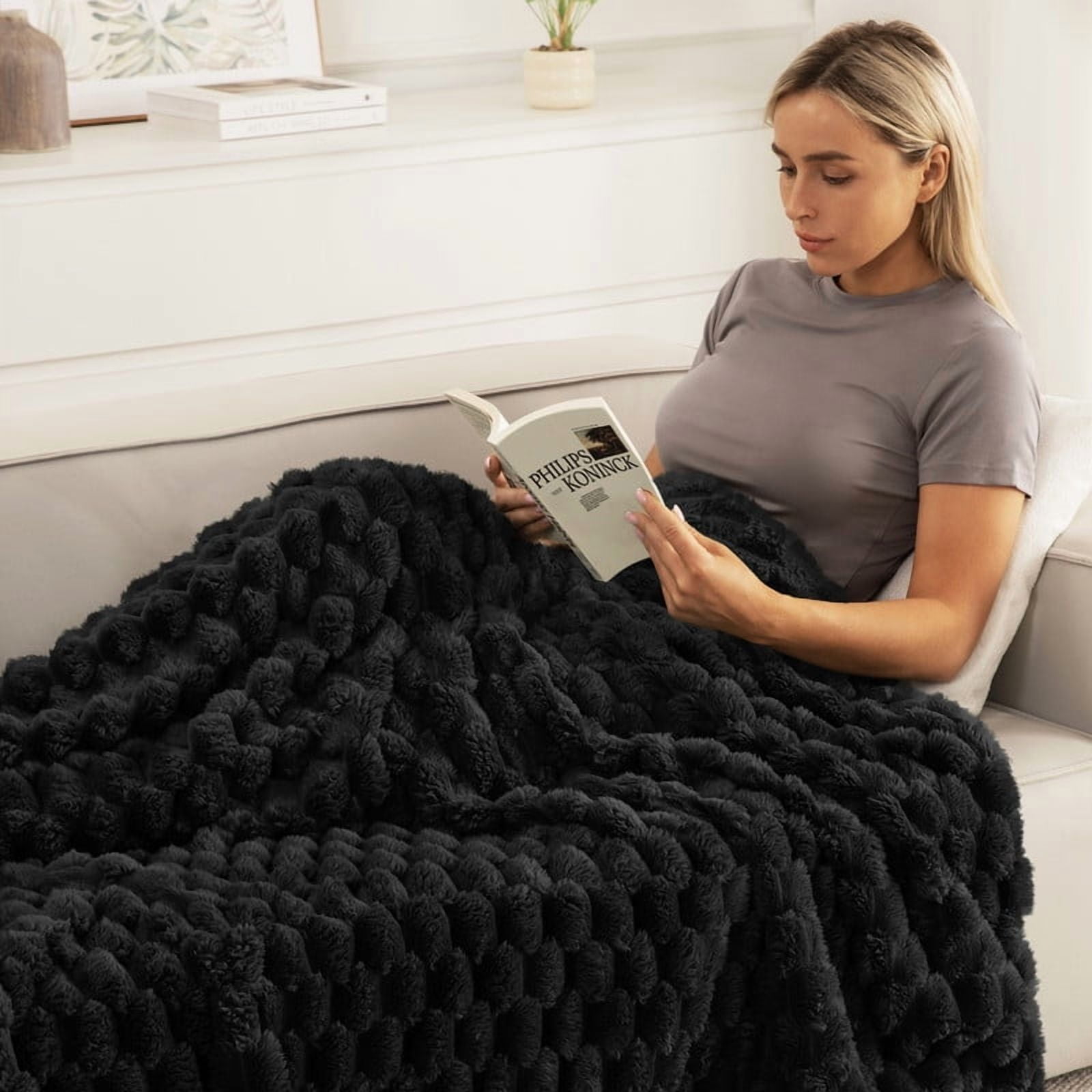 Whale Flotilla 90"x 104" King Size Blanket for Bed with Expanded 3D-Jacquard Pattern, Fuzzy Soft Cozy Exquisite Blankets or All Season, Warm and Fluffy, Black