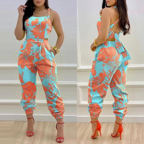 Aayomet Womens Rompers And Jumpsuits Women Daily Summer Casual O Neck Sleeveless Waist Micro Elastic Band Tied Detail Backless,Orange XXL